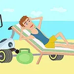 Mężczyzna leżący na leżaku na plaży w otoczeniu sprzętu do ćwiczeń, z widokiem na morze w tle