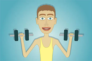 Animowana postać w żółtej koszulce trzymająca hantle na niebieskim tle