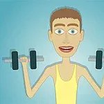 Animowana postać w żółtej koszulce trzymająca hantle na niebieskim tle