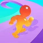 Kolorowa postać biegnąca po fioletowej krzywej ścieżce na tle gradientu niebiesko-zielonego