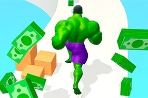 Zielony, muskularny postać w fioletowych spodenkach biegnie po ścieżce otoczonej paczkami pieniędzy i pudełkami