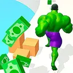 Zielony, muskularny postać w fioletowych spodenkach biegnie po ścieżce otoczonej paczkami pieniędzy i pudełkami