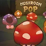 Kolorowe grzybki z twarzami i symbolami na kapeluszach na tle lasu z napisem Mushroom Pop