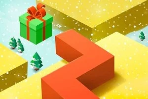 Zimowy krajobraz z zielonym prezentem z czerwoną wstążką, pomarańczowym zakrzywionym elementem i małymi choinkami na tle żółtych i niebieskich bloków z padającym śniegiem