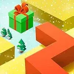 Zimowy krajobraz z zielonym prezentem z czerwoną wstążką, pomarańczowym zakrzywionym elementem i małymi choinkami na tle żółtych i niebieskich bloków z padającym śniegiem