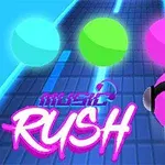 Różowe, zielone i niebieskie kule na futurystycznym torze z neonowym napisem Music Rush