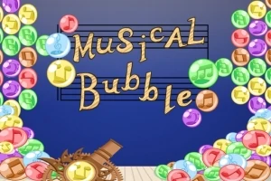 Kolorowe bąbelki z nutami na ciemnoniebieskim tle z drewnianym napisem Musical Bubble