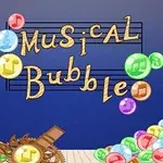 Kolorowe bąbelki z nutami na ciemnoniebieskim tle z drewnianym napisem Musical Bubble