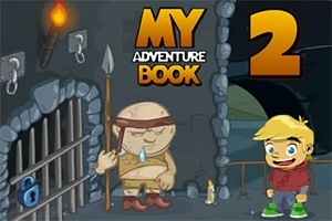 Chłopiec stojący naprzeciw postaci z opaską na głowie, trzymającej włócznię, w lochu z pochodnią, świecą, kratą i niebieską kłódką, z napisem My Adventure Book 2