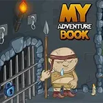 Chłopiec stojący naprzeciw postaci z opaską na głowie, trzymającej włócznię, w lochu z pochodnią, świecą, kratą i niebieską kłódką, z napisem My Adventure Book 2