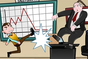 Mężczyzna w garniturze zostaje kopnięty z biurka przez młodszego mężczyznę na tle wykresu sprzedaży