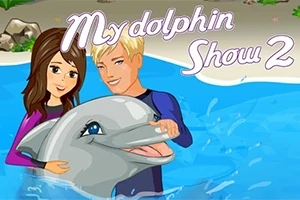 Para postaci pływających z delfinem w basenie z tytułem My Dolphin Show 2 na górze