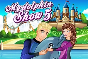 Dwoje ludzi w strojach do nurkowania przytula delfina na tle bajkowego zamku i wesołego miasteczka