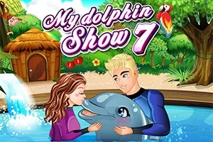 Mężczyzna i kobieta w wodzie przytulają delfina na tle tropikalnej scenerii z chatką i papugą