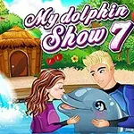 Mężczyzna i kobieta w wodzie przytulają delfina na tle tropikalnej scenerii z chatką i papugą