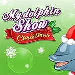 Delfin w czapce świętego Mikołaja na tle zielonym z płatkami śniegu