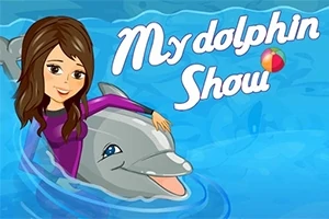 Kobieta z długimi brązowymi włosami siedzi na delfinie w błękitnej wodzie, obok napis My dolphin Show