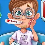 Chłopiec w dużych okularach siedzi na fotelu, z termometrem w ustach i bandażem na ręce, w tle widoczne są urządzenia medyczne