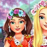 Dwie uśmiechnięte postacie z kwiatowymi wiankami na głowach, jedna z ciemnymi włosami, druga z blond, na tle wiosennego krajobrazu