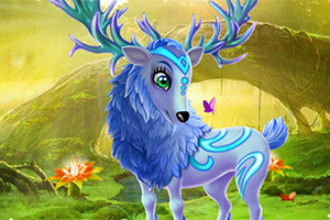 Niebieski i fioletowy, fantastyczny jeleń z błyszczącymi porożami i wzorami na ciele stojący w magicznym lesie z motylami i kwiatami