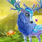 Niebieski i fioletowy, fantastyczny jeleń z błyszczącymi porożami i wzorami na ciele stojący w magicznym lesie z motylami i kwiatami