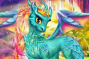 Turkusowy smok o kolorowych skrzydłach i grzywie na tle fantastycznego krajobrazu