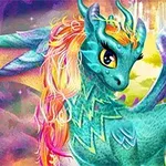 Turkusowy smok o kolorowych skrzydłach i grzywie na tle fantastycznego krajobrazu