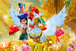 Kobieta w kapeluszu stoi obok skrzydlatego stworzenia w kolorowej, fantastycznej scenerii pełnej kwiatów