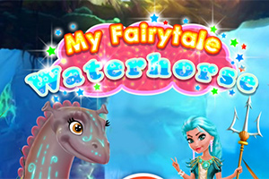 Zwierzę o wyglądzie smoka i postać z trójzębem na tle z napisem My Fairytale Waterhorse