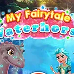Zwierzę o wyglądzie smoka i postać z trójzębem na tle z napisem My Fairytale Waterhorse