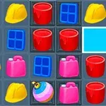 Żółte kaski, czerwone wiaderka, niebieskie kwadraty i różowe kanistry ułożone w siatce z kolorową piłką