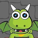 Zielony smok z dużymi oczami i zębami, patrzy prosto przed siebie na tle szarej, ceglanej ściany