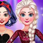 Dwie animowane postacie kobiece w eleganckich sukniach na fioletowym tle ze świetlistymi efektami