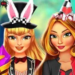 Dwie stylizowane postacie kobiece w kapeluszach z akcentami króliczych uszu i czapki imprezowej na tle ozdobionym małymi pająkami