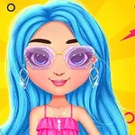 Kobieta z długimi niebieskimi włosami w fioletowych okularach przeciwsłonecznych na żółtym tle z kolorowymi ozdobami