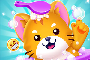 Uśmiechnięty, kreskówkowy kotek z dużymi oczami, otoczony bąbelkami, z fioletową szczotką na głowie