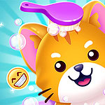 Uśmiechnięty, kreskówkowy kotek z dużymi oczami, otoczony bąbelkami, z fioletową szczotką na głowie