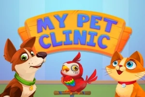 Trzy uśmiechnięte zwierzęta: pies, papuga i kot na tle drewnianego szyldu z napisem My Pet Clinic
