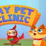 Trzy uśmiechnięte zwierzęta: pies, papuga i kot na tle drewnianego szyldu z napisem My Pet Clinic