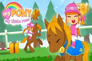 Dziewczynka w różowym stroju trzymająca puchar, siedzi na brązowym kucyku z medalem, w tle tęcza i tor przeszkód