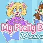 Dwie uśmiechnięte lalki w sukienkach, jedna blond w różowej, druga brunetka w niebieskiej, na tle w pionowe paski z napisem My Pretty Doll Dress up