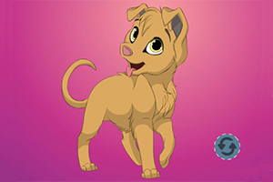 Młody, uroczy lew z wielkimi oczami i różowym językiem na różowym tle