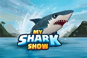 Rekin wyskakujący z wody na tle gór i drzew z kolorowym napisem MY SHARK SHOW