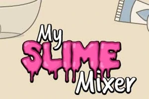 Napis My Slime Mixer z efektem różowego kleju na jasnym tle z elementami miski i opakowania