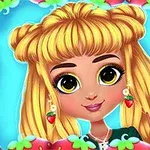 Dziewczyna z dużymi oczami i blond włosami w stylu anime z kolczykami w kształcie truskawek na tle z motywem truskawek