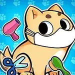 Uroczy piesek w maseczce otoczony suszarką, nożyczkami i szczotką na tle z niebieskimi śladami łap