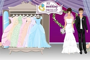 Para młoda ubrana ślubnie stoi obok szafy z kolorowymi sukniami na wieszaku