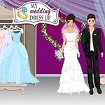 Para młoda ubrana ślubnie stoi obok szafy z kolorowymi sukniami na wieszaku