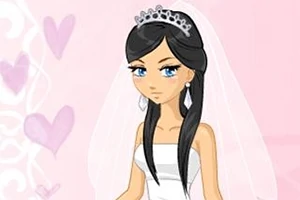 Animowana panna młoda z ciemnymi włosami w białej sukni i welonie na różowym tle z sercami