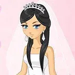 Animowana panna młoda z ciemnymi włosami w białej sukni i welonie na różowym tle z sercami